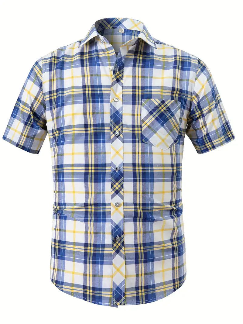 Men's Checkered Print Dress Shirt, Casual Breathable Lapel Button Up Short Sleeve Shirt For Outdoor