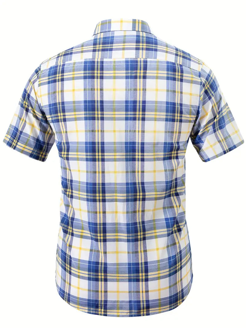 Men's Checkered Print Dress Shirt, Casual Breathable Lapel Button Up Short Sleeve Shirt For Outdoor