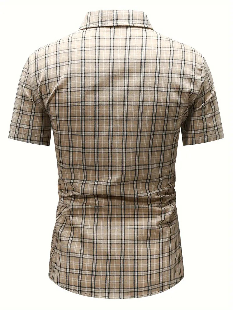 Men's Checkered Print Dress Shirt, Casual Breathable Lapel Button Up Short Sleeve Shirt For Outdoor