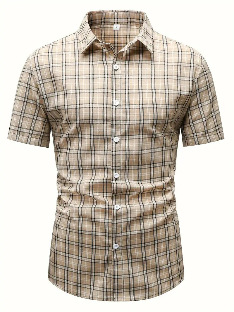 Men's Checkered Print Dress Shirt, Casual Breathable Lapel Button Up Short Sleeve Shirt For Outdoor